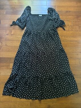 Black Polka Dot Smocked Midi Dress with Puff Tie Sleeves